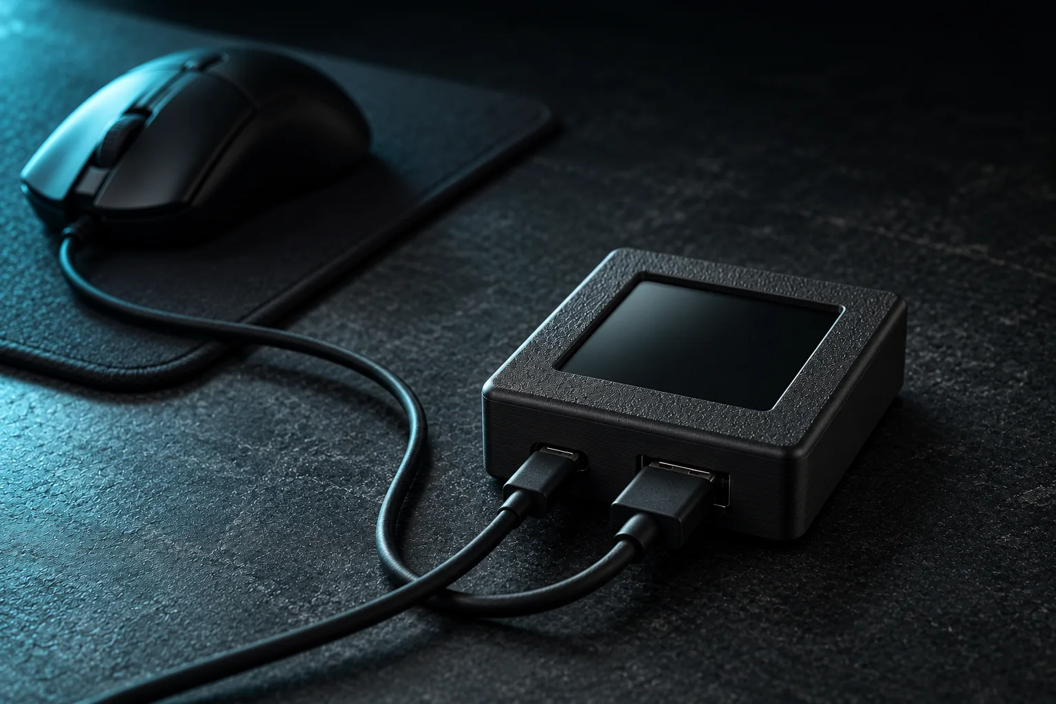 黑色 GPL 游戏义肢放在桌上，鼠标的线接进它的 USB-A 口，另一根线从 USB-C 口接往电脑